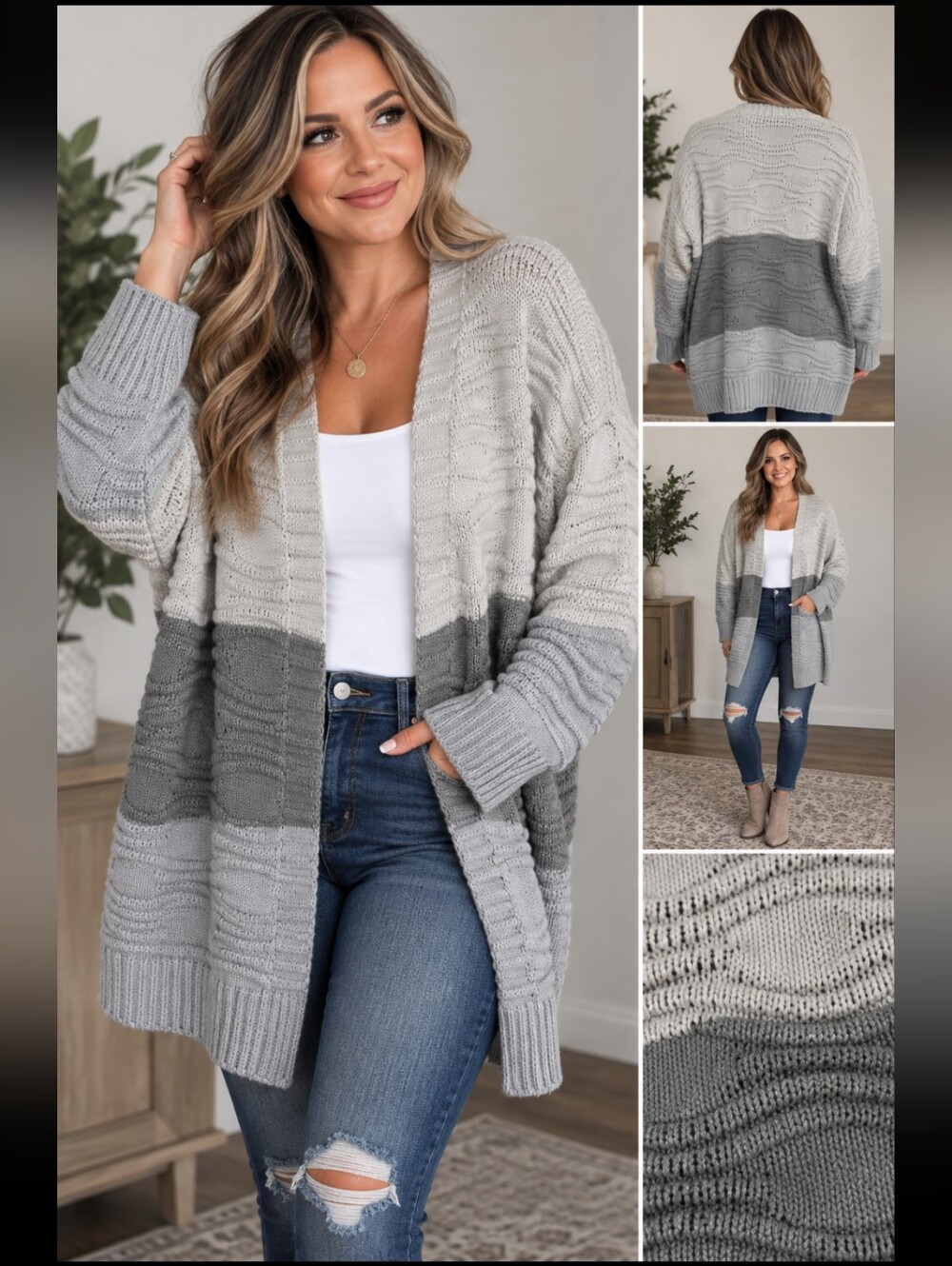 Women’s XL Gray Colorblock Open Front Long Cardigan Textured Knit Boho Oversized
